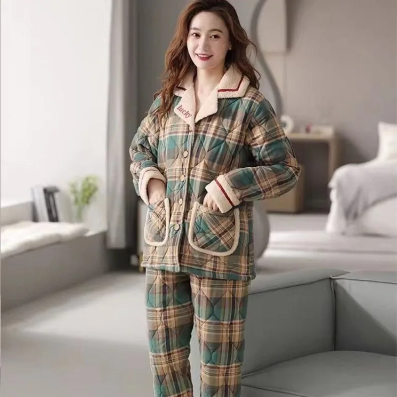 

New Style Pajamas Winter Thickening Type Pure Cotton Cotton-padded Jacket Autumn and Winter Loungewear Warm Set Warmth Female