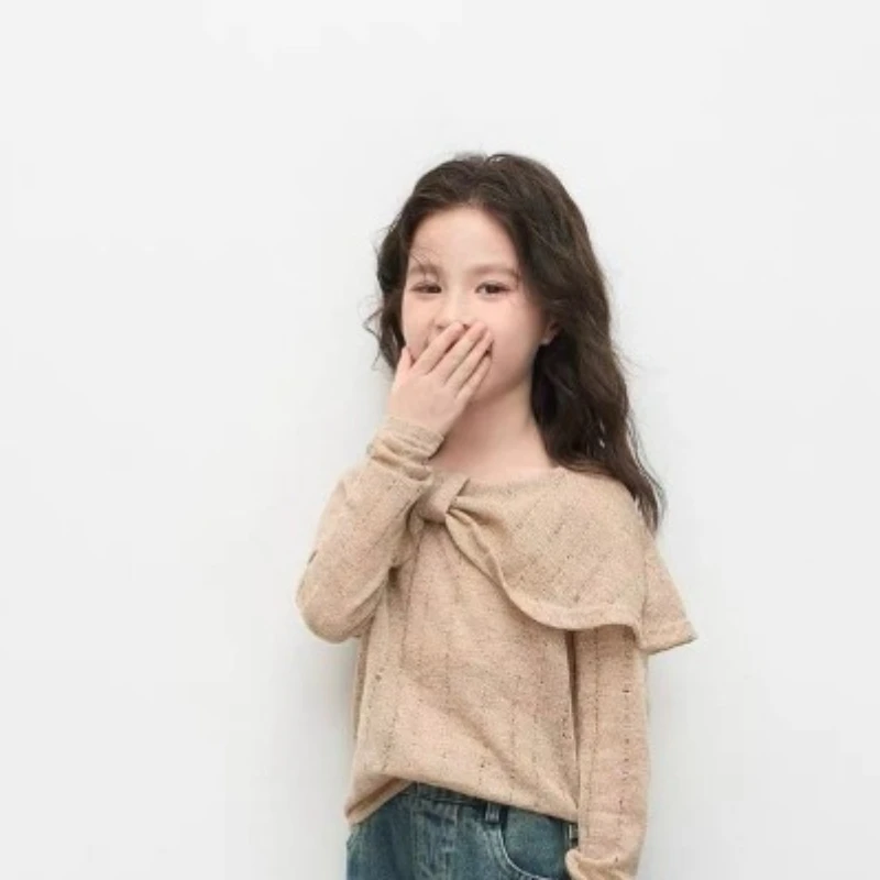Girls' Versatile Long Sleeved T-shirt 2025 Spring Autumn Korean Style Cute and Fashionable Children's Imitation Knitted Bow Top