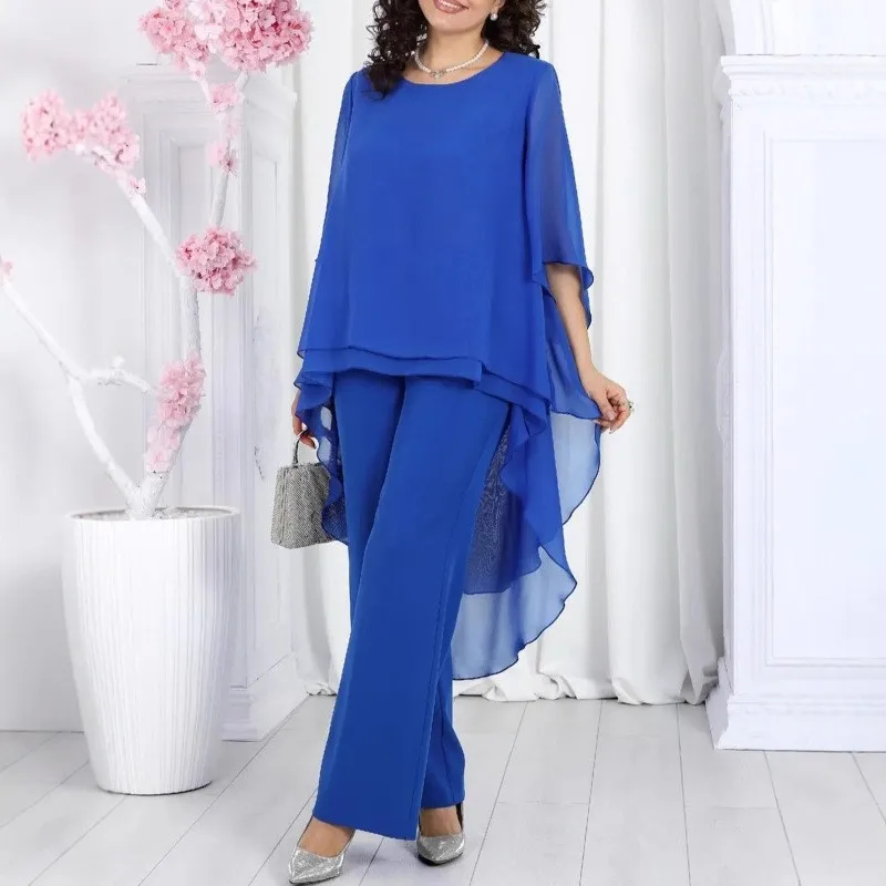 

Elegant 2 Pieces Sets Woman's Chiffon Solid Mid-Sleeve Layered ruffled edges Long Top & Straight-leg Trousers Pants Sets Outfits