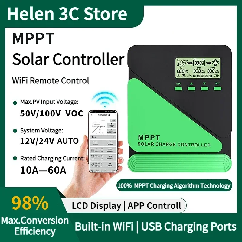 12V 24V WIFI MPPT Solar Panel System Battery Charge Controller PV Regulator Dual USB 10A 20A 30A 40A 50A 60A Solar Controller