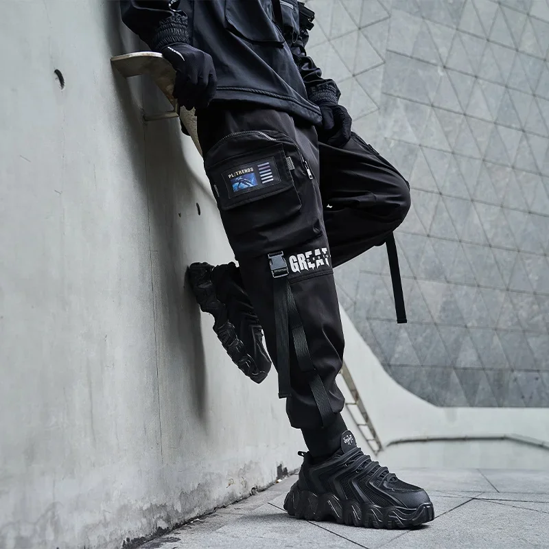 

High Streetwear Mens Cargo Pants Elastic Waist Harem Black Overalls Trousers