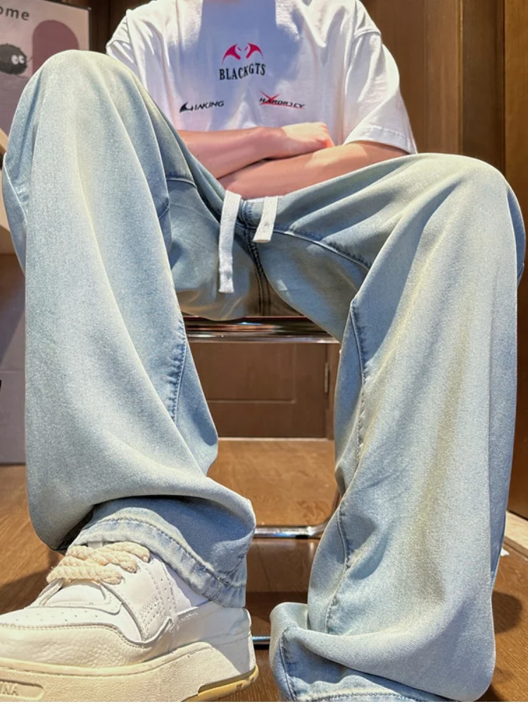 

Мужские джинсы Ice Silk 2024: Новые летние тонкие свободные прямые брюки с широкими штанинами в американском ретро-стиле, трендовые молодежные длинные брюки для уличной моды