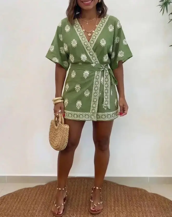 

Jumpsuit Women 2026 Spring Summer New Fashion Tropical Print V-Neck Wrapped Side Lace Up Short Sleeve High Waist Casual Jumpsuit
