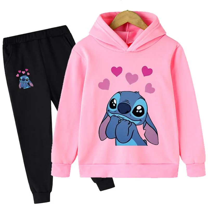 Girls Disney Stitch Hoodies Sweatshirts Children's Clothing Sets Child Girl Tops + Pants 2 Pcs Suits Kids Boys Tracksuits Set