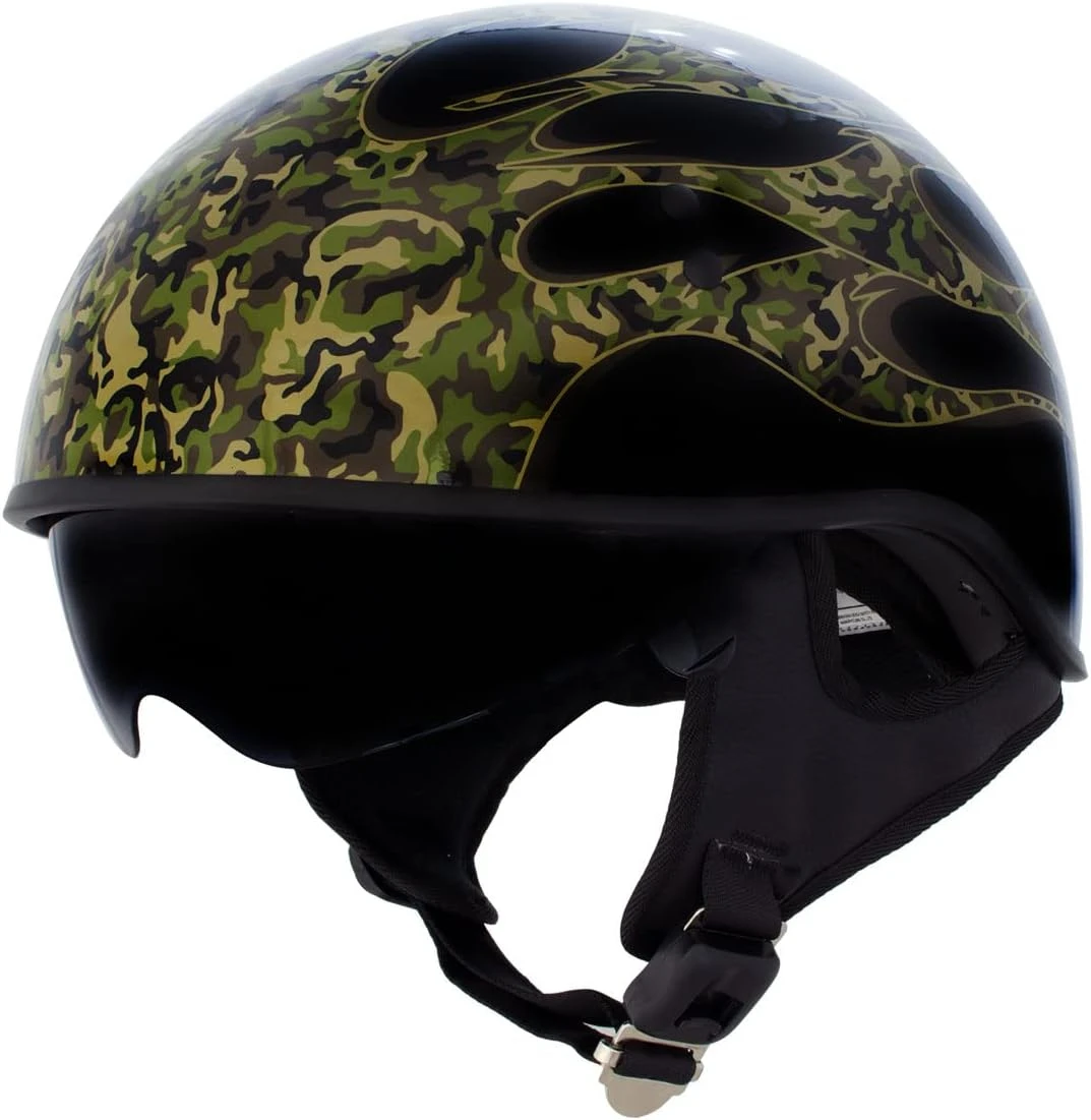 

HLD1047 Gloss Black 'Camo Skull Flames' Advanced DOT Skull Half Helmet with Drop Down Tinted Visor