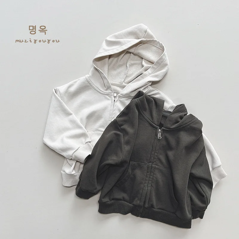 

2024 Korean Sweatshirt Jacket for Boys Girls Kids Plain Hoodie Jackets Infant Casual Zip-up Hooded Coat infant Spring Clothes