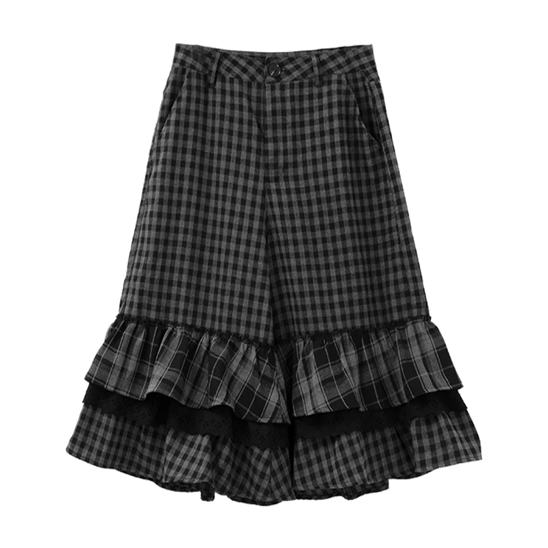 Retro Plaid Brushed Hem Ruffle Women's Mid-Length Pants Autumn New Design Lace Splicing A-Line Wide-Leg Cropped Pants Ladies