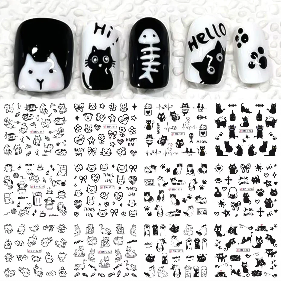 

12pcs Cartoon Cute Cat Stickers For Nails Star Flower Bow Nail Water Decals Sliders Korean Japanese Nail Art Manicure Decoration