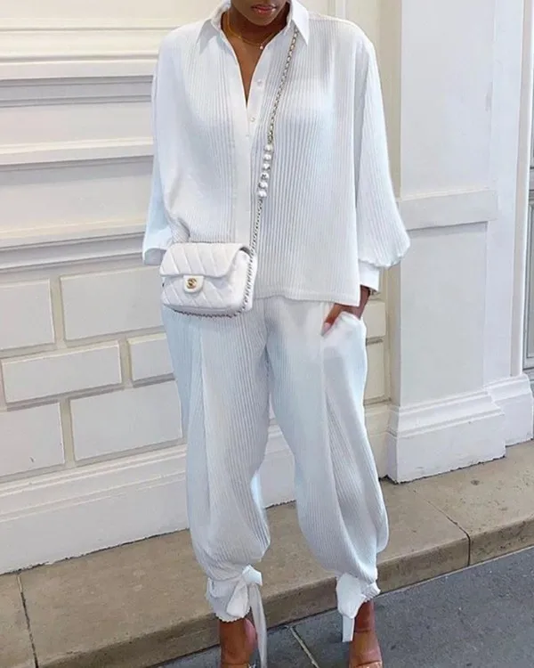 Klassisches, solides Hemd-Hosen-Set für Damen, lässig, locker, langärmelig, Revers, elastische Taille, zweiteiliger Anzug, 2025, neues Sommer-Straßen-Outfit – Detail 6