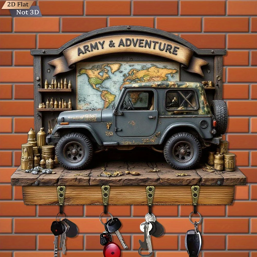 2D Flat, 1pc, Army Adventure Off-Road Vehicle Key Hanger, Wooden Multi-Purpose Home Key Hanger with Four Metal Hooks, Wall