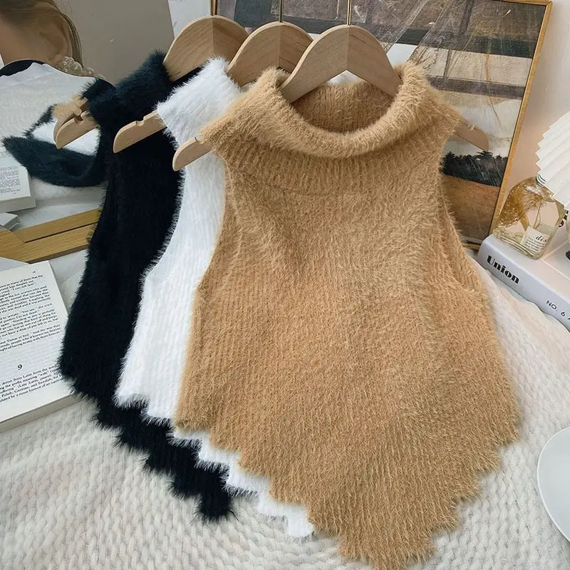 Wholesale Turtleneck Sweater Vest Base Slim Pullovers Women Faux Mink Cashmere Autumn Winter Sleeveless Short Solid Knitted Top