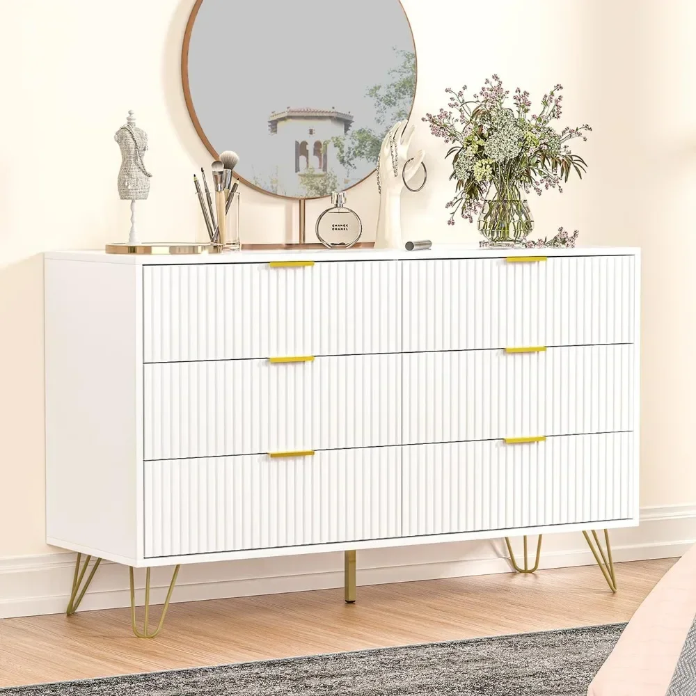 Commode blanche, commode moderne à 6 tiroirs pour chambre à coucher avec poignées dorées, commode large pour le salon