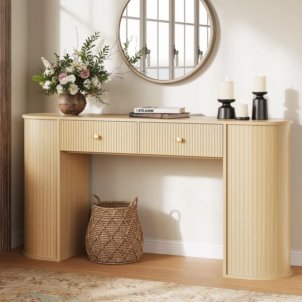 59 Luted Ole Table with 2 Drawers - Wood Entryway Table with Storage, Long Sofa Tables Behind Couch with Curved Legs for Living