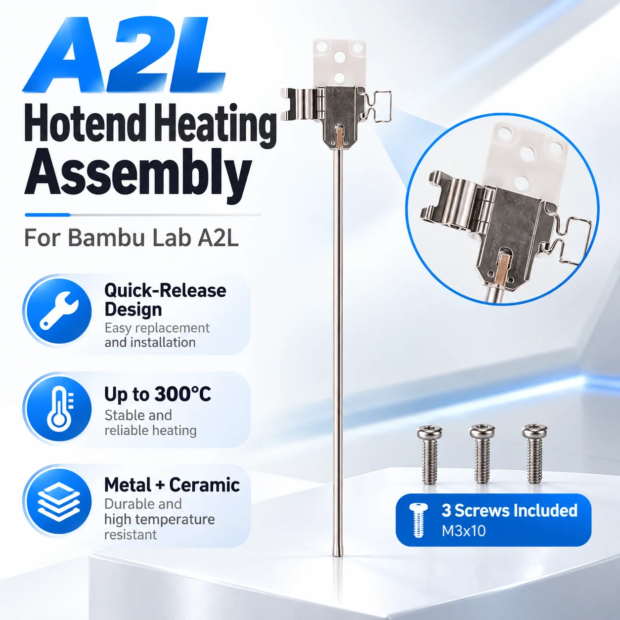 A2L Hotend Heating Assembly for Bambu Lab A2L 3D Printer, Quick-Release Heater, Up to 300°C, Thermistor Included