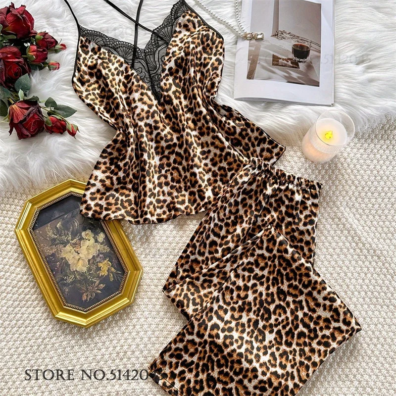 Leopard Suspender Pajamas Set Lingerie Women Chemise Sleepwear Homewear Sexy Lace Pijamas Suit Nightwear Rayon Loungewear