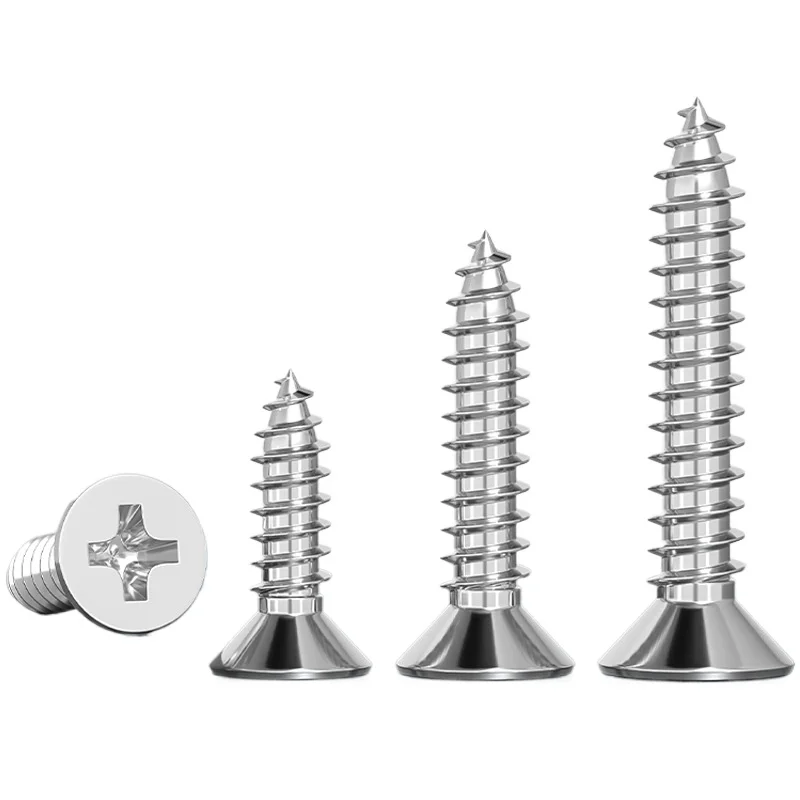 304 stainless steel cross recessed countersunk head self-tapping screws, flat head, sharp tail, extended type M3 M4 M6 M8