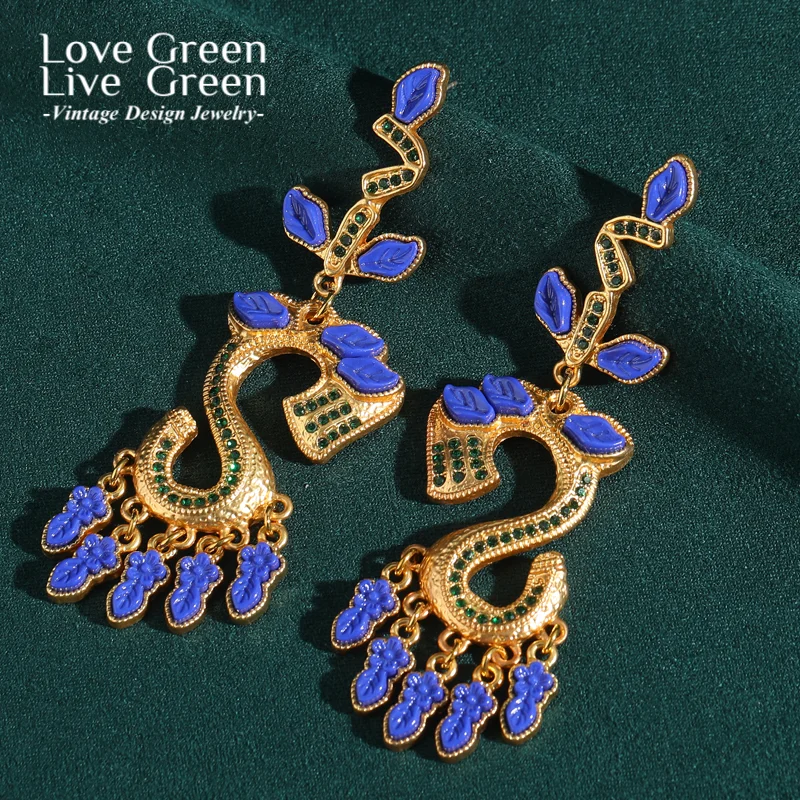 

Blue Resin Branch Drop Large Earrings Flower Gold Color Tassel Rhinestone Vintage Jewelry For Women Wedding Bridal 2025 New