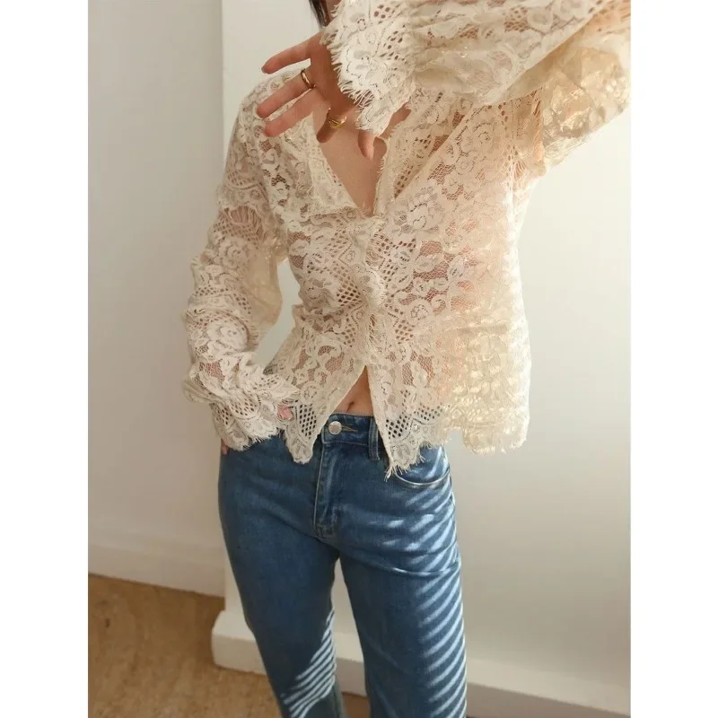 QWEEK Elagant Lace Transparent Blouse Women Youthful V Neck Long Sleeve Shirt Female Vintage Luxury 2024 Spring Aesthetic Korean