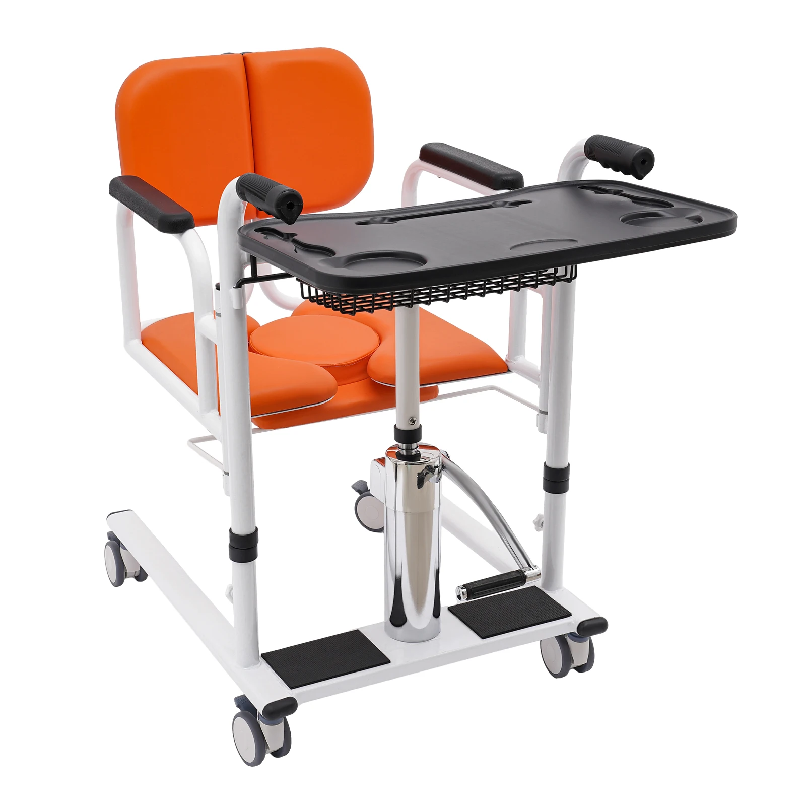 Aadjustable Hydraulic Patient Lift for Home w/180° Split Seat and Potty, Dining Table Portable Transport Wheelchair Orange