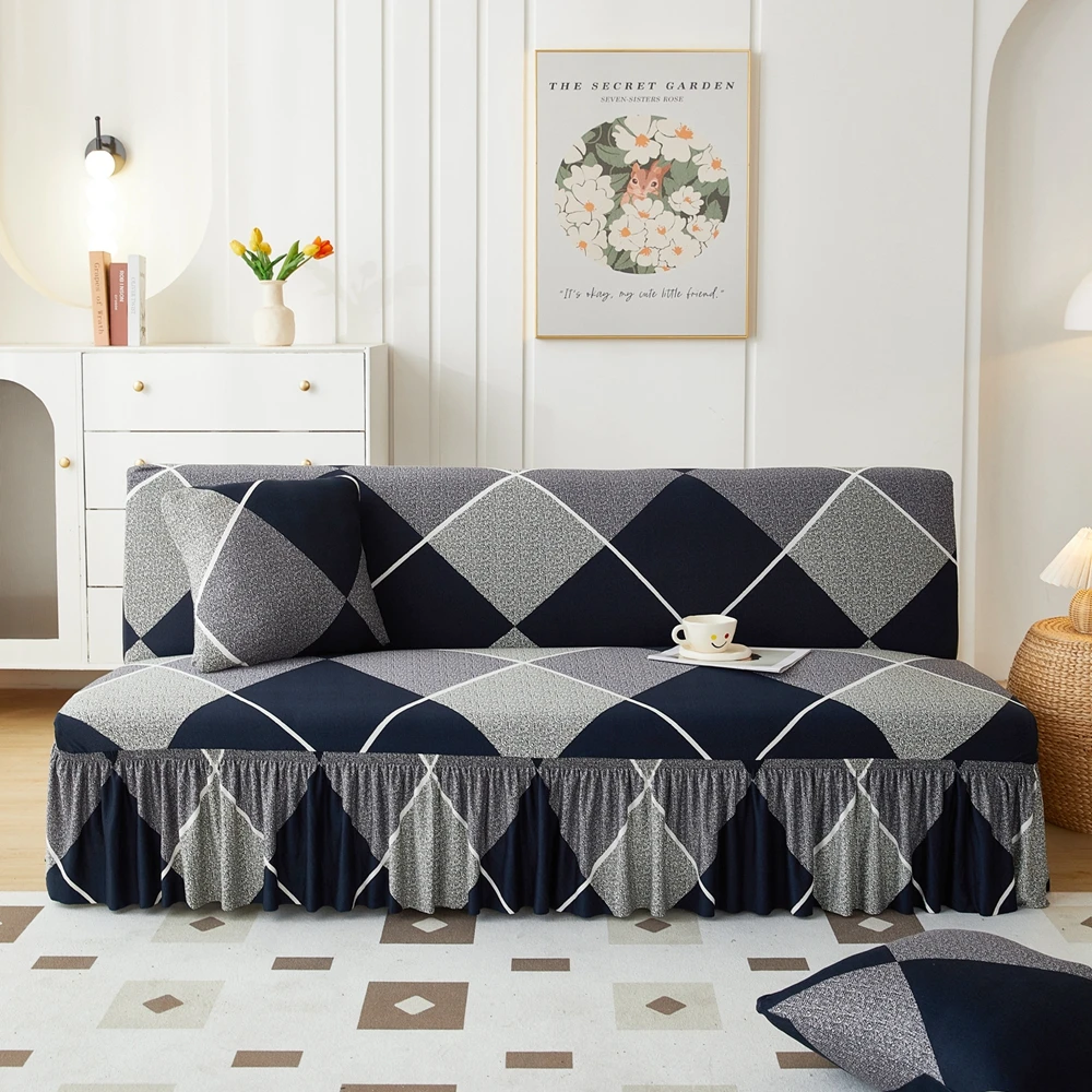 Elastic Stretch Futon Cover with Skirt Washable Armless Sofa Bed Protector Printed Furniture Cover for Living Room Decor