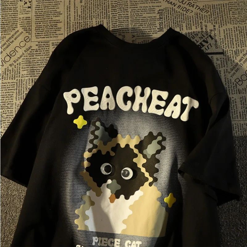 American Retro Puppy Print Pure Cotton Short Sleeved T-shirt for Men and Women Summer Trendy Couple Half Sleeved Oversized Top