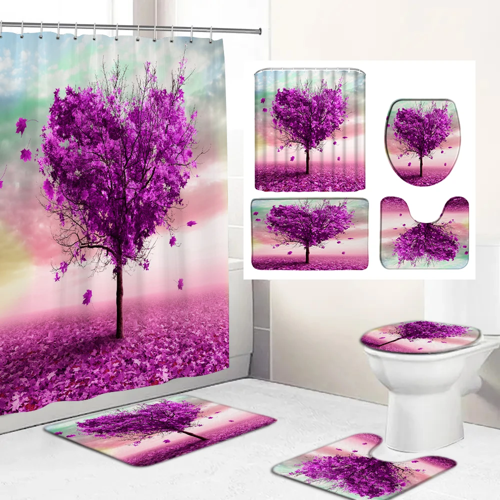 180*180cm Beautiful heart-shaped Tree Fabric Shower Curtains Bath Mats Rugs landscape Bathroom Curtain Set Toilet Cover Mat