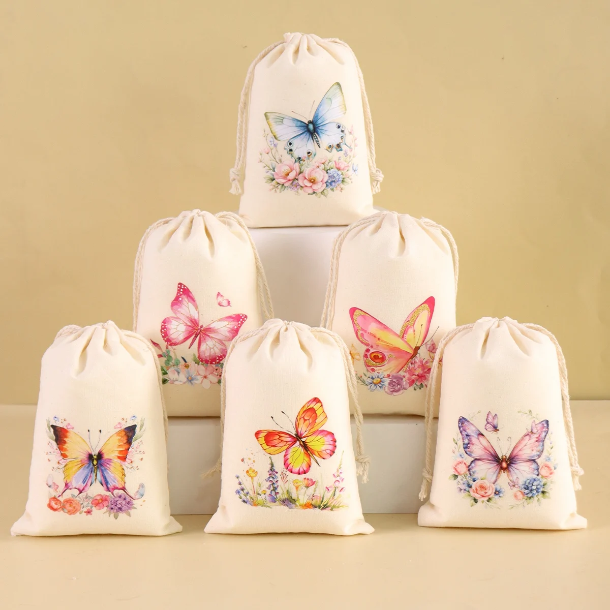 6pcs Mixed Butterfly Cotton Drawstring Bags Spring Holiday Gift Bags Candy Bags Birthday Wedding Party Needs