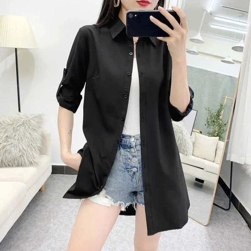 Spring Summer Women Shirt Oversize Elegant Blouses for Women Long Sleeve Red Shirt Mid-length Shir Coat Women Tunic NS5566