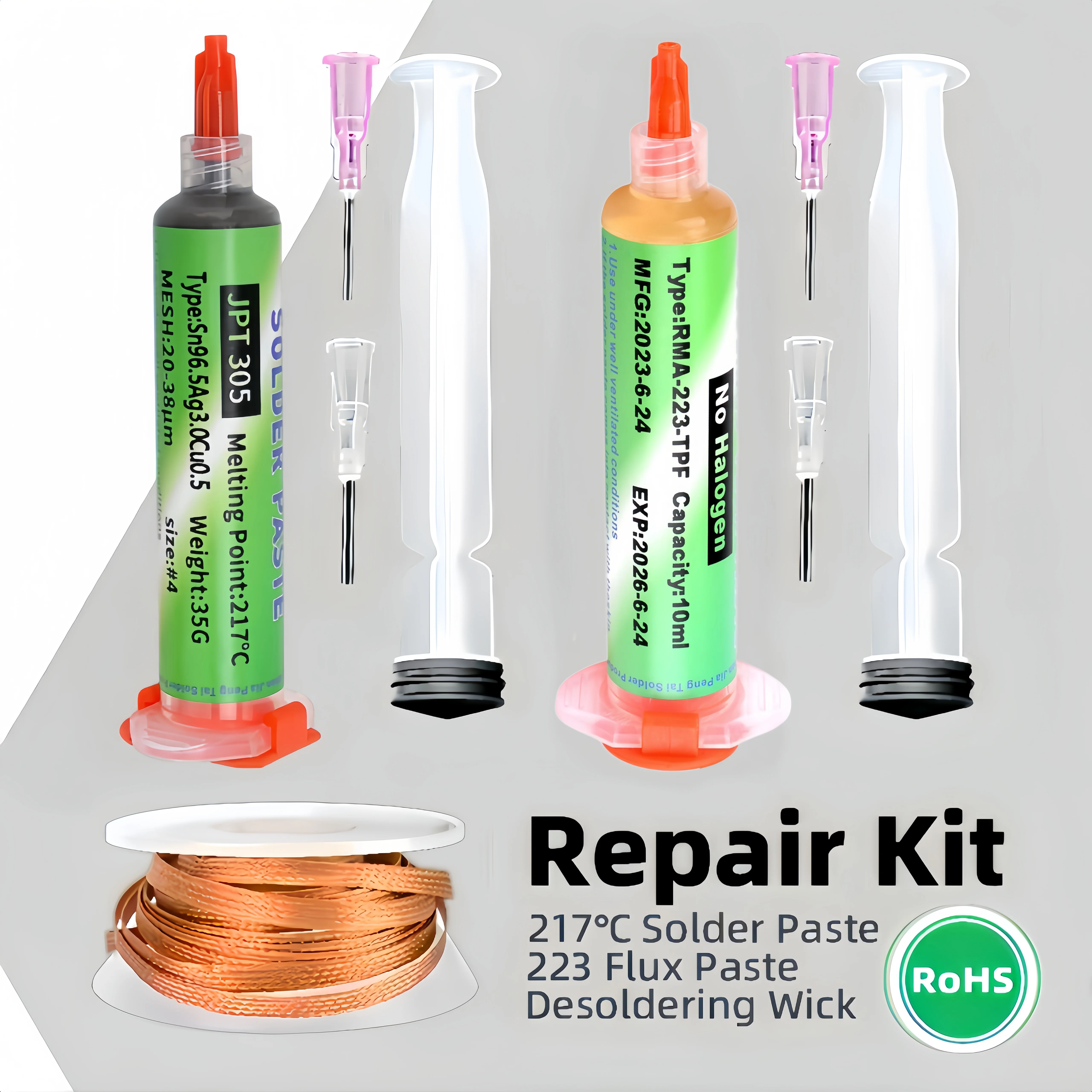 N96.5Ag3.0Cu0.5 Solder Paste 217℃ RMA-223 10ml Desoldering Wire Kit BGA PCB Motherboard Chip Repair Welding Tool with Soldering
