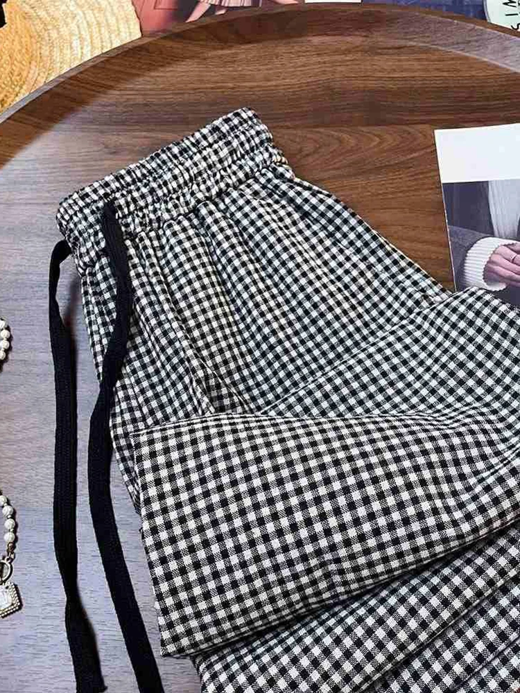 Zoki カジュアル甘いチェック柄パンツ女性ハイウエストルーズヴィンテージ韓国ワイドレッグパンツ夏シンプルなレトロ女性すべて一致パンツ
