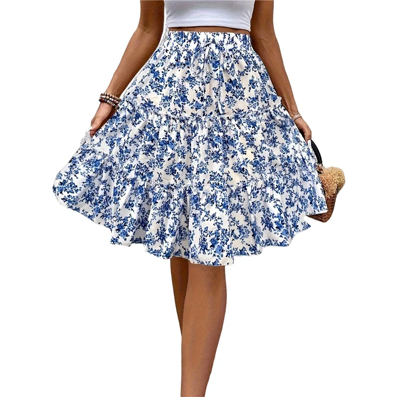 

ABP-Women's Floral Print Ruffle Hem Elastic High Waist Tie Front Skirt