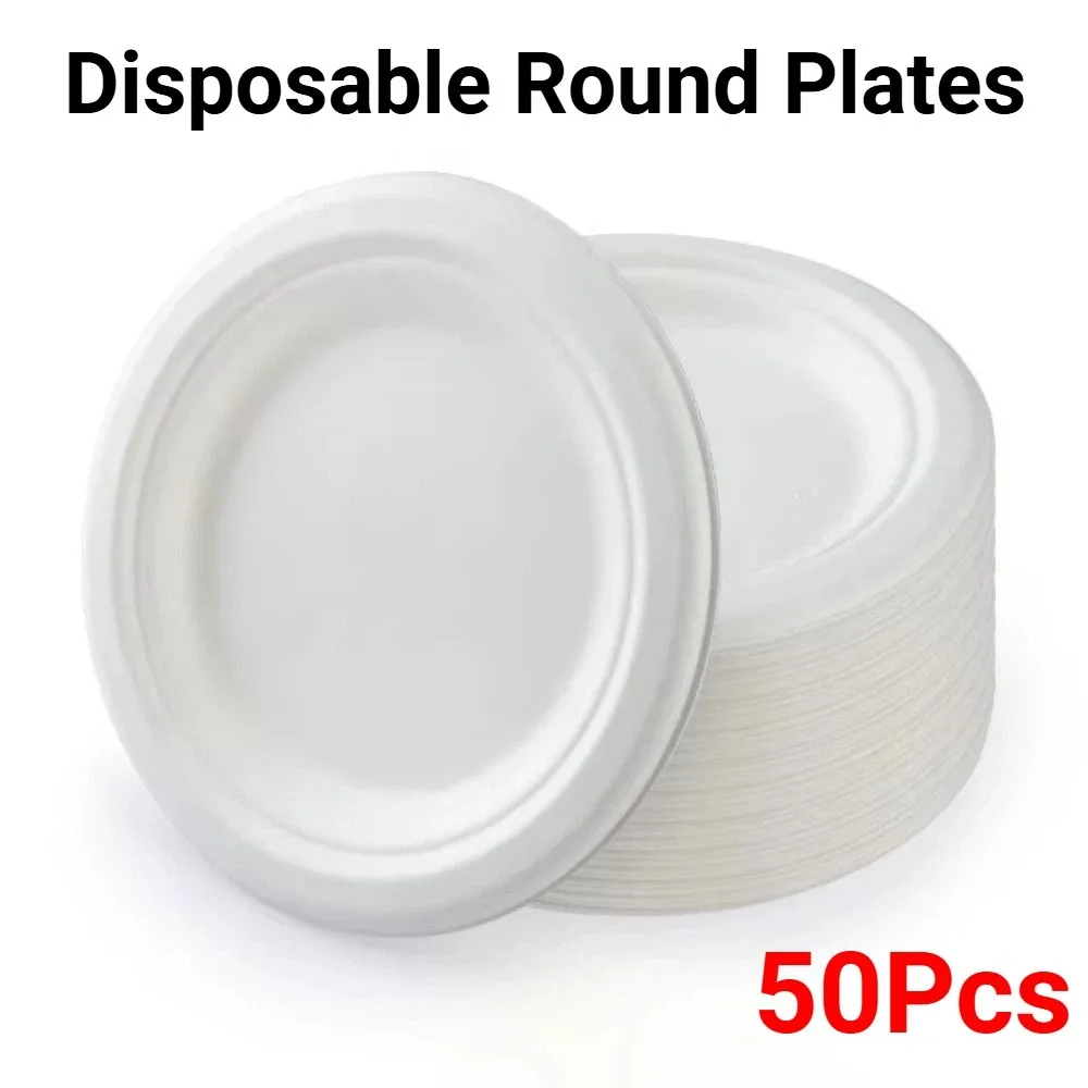 50Pcs Heat Resistant Disposable Paper Plates Eco-Friendly White Pulp Lunch Boxes Compostable Round Wedding Serving Tray
