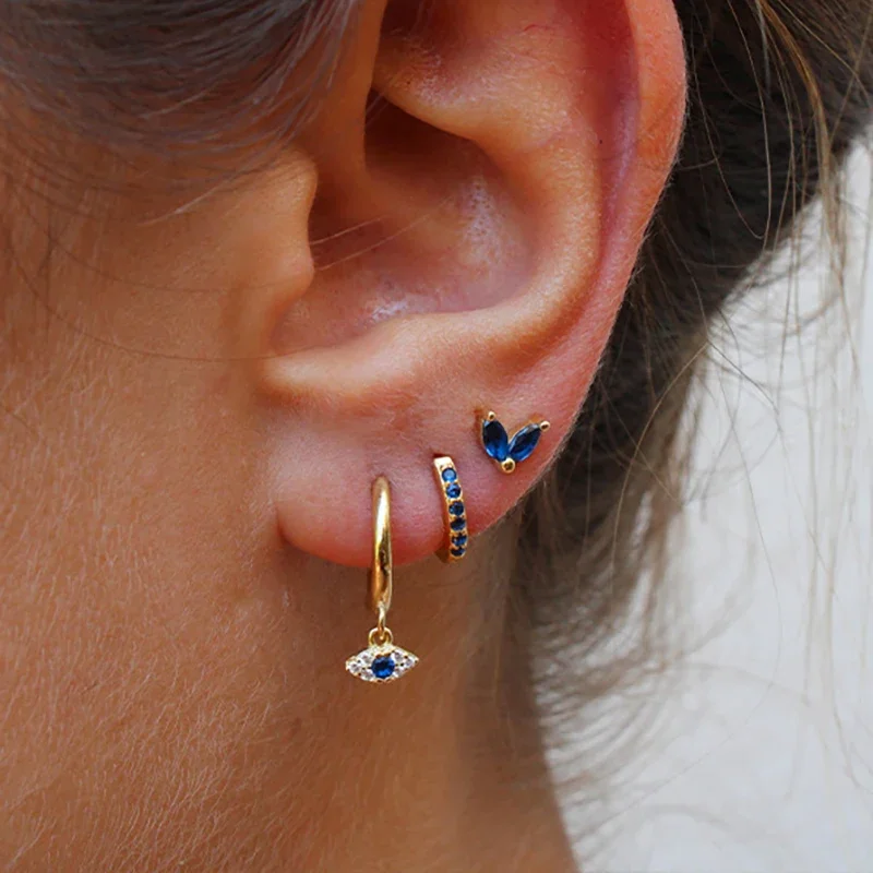 3pcs Blue Zircon Evil Eye Hoop Earrings Set For Women Stainless Steel 18K Gold Plated Cartilage Piercing Earring Fashion Jewelry
