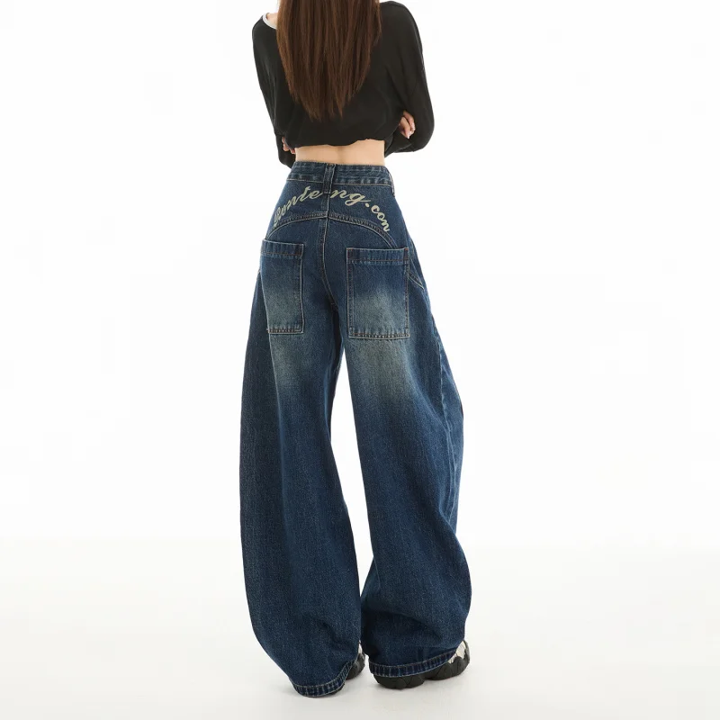 

2026Spring new American retro printed high-waisted loose-fitting wide-leg floor-length jeans for women