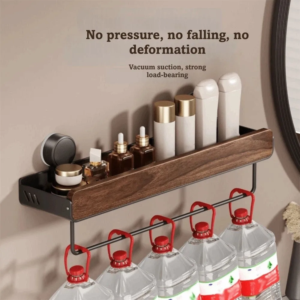 

Mid-Century Modern Bathroom Shelf Strong Grip Space Saving Bathroom Storage Rack Drill-Free Walnut Finish Wall Mounted Organizer