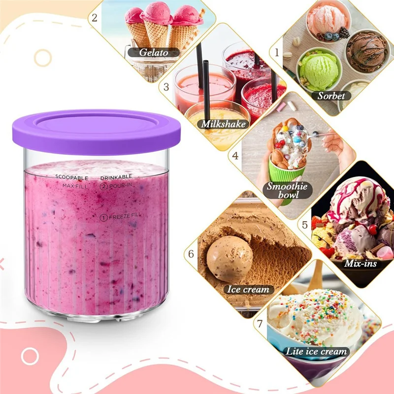 

ABYN-Ice Creami Pints And Lids Replacement With Spoon Set For Ninja Creami NC501 NC500 Nc500c,Nc501c Series Ice Cream Maker Dura