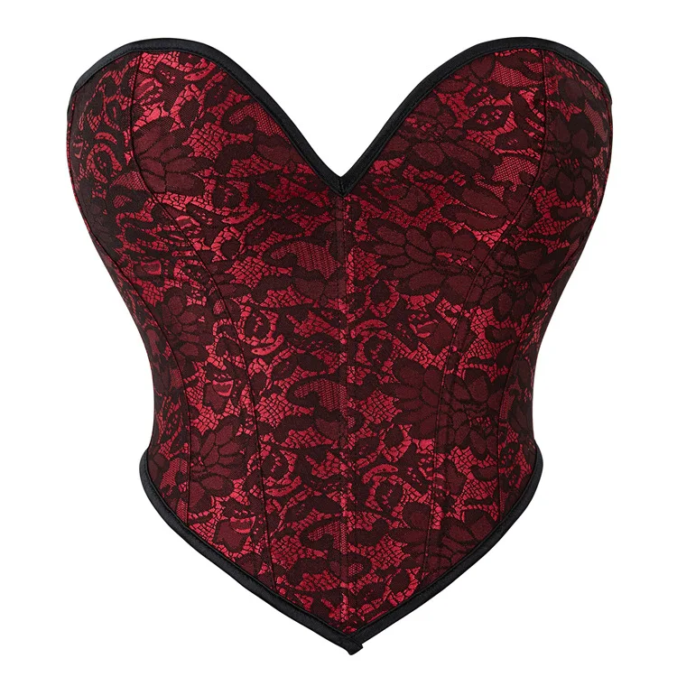 Sexy Vintage Victorian Satin Jacquard Floral Lace Overbust Corset Waist Cincher Bustier Wedding Lingerie