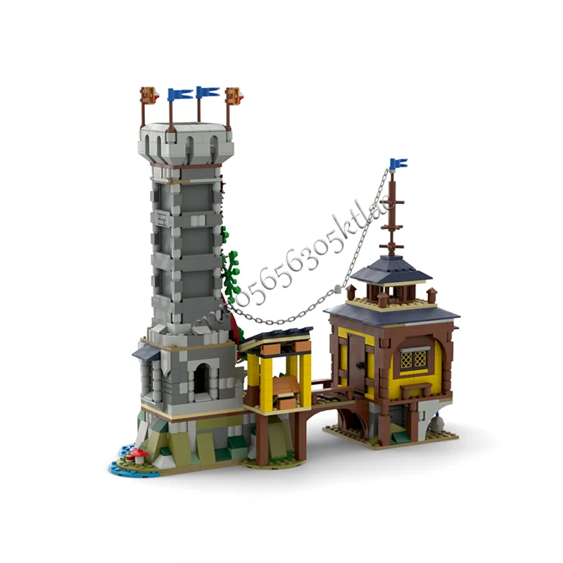 Juego de bloques de construcción de muelle de torre de dragón Medieval MOC, modelo de escena arquitectónica europea, ladrillos, montaje para niños, regalo de cumpleaños, 1035 Uds.