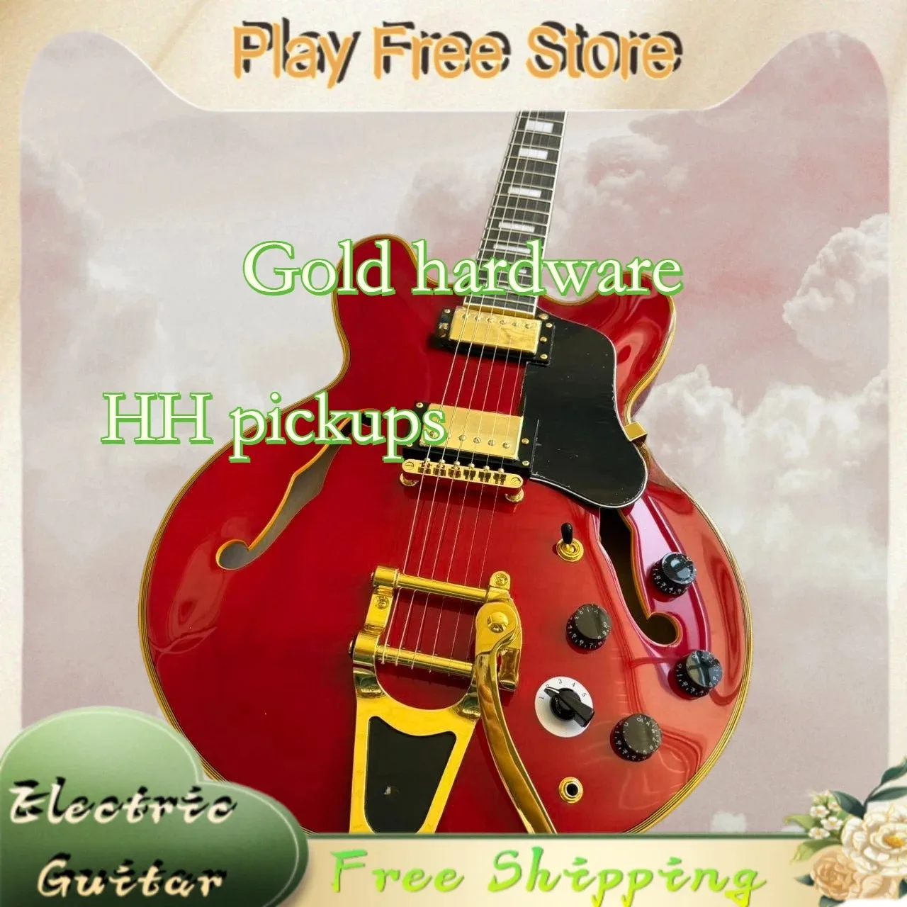 Transparent Red ES-335 Jazz Hollow Electric Guitar Big Tremol System HH Pickup Beginner Advanced Jazz Yellow Edging