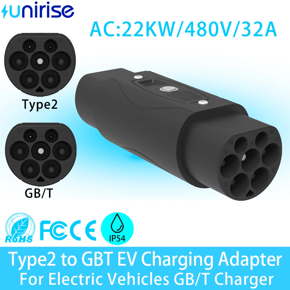 

Адаптер зарядного устройства Unirise Type2 к GBT EV 32A 22 кВт, трехфазный преобразователь быстрой зарядки для разъема GB/T, разъем электромобилей