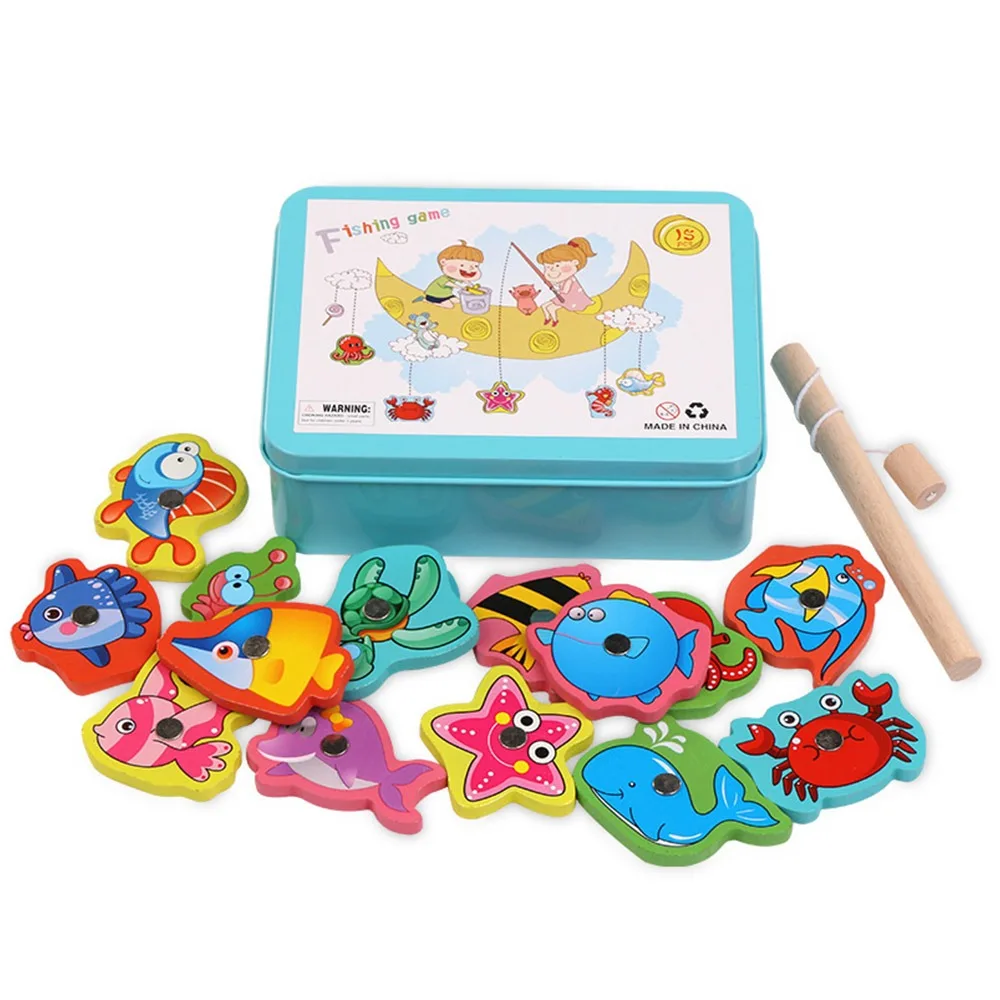 Veelkleurig Montessori Visserijspel Cartoon Vis Hout Magnetisch Visserijspeelgoed Magnetisch Ontwerp Metalen Doos Verpakking Visvangspel