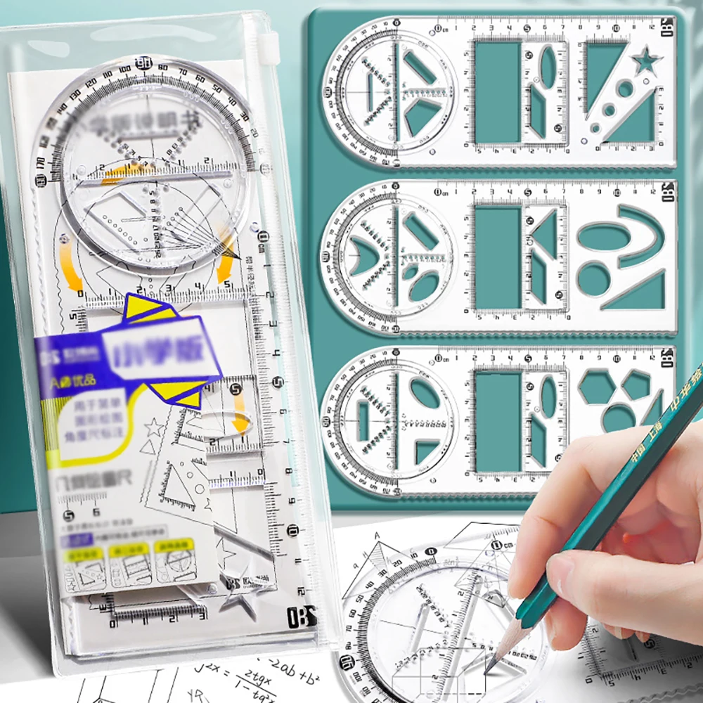 Multi functional drawing ruler, student rotatable set of mathematical functions and geometric shapes, triangular ruler