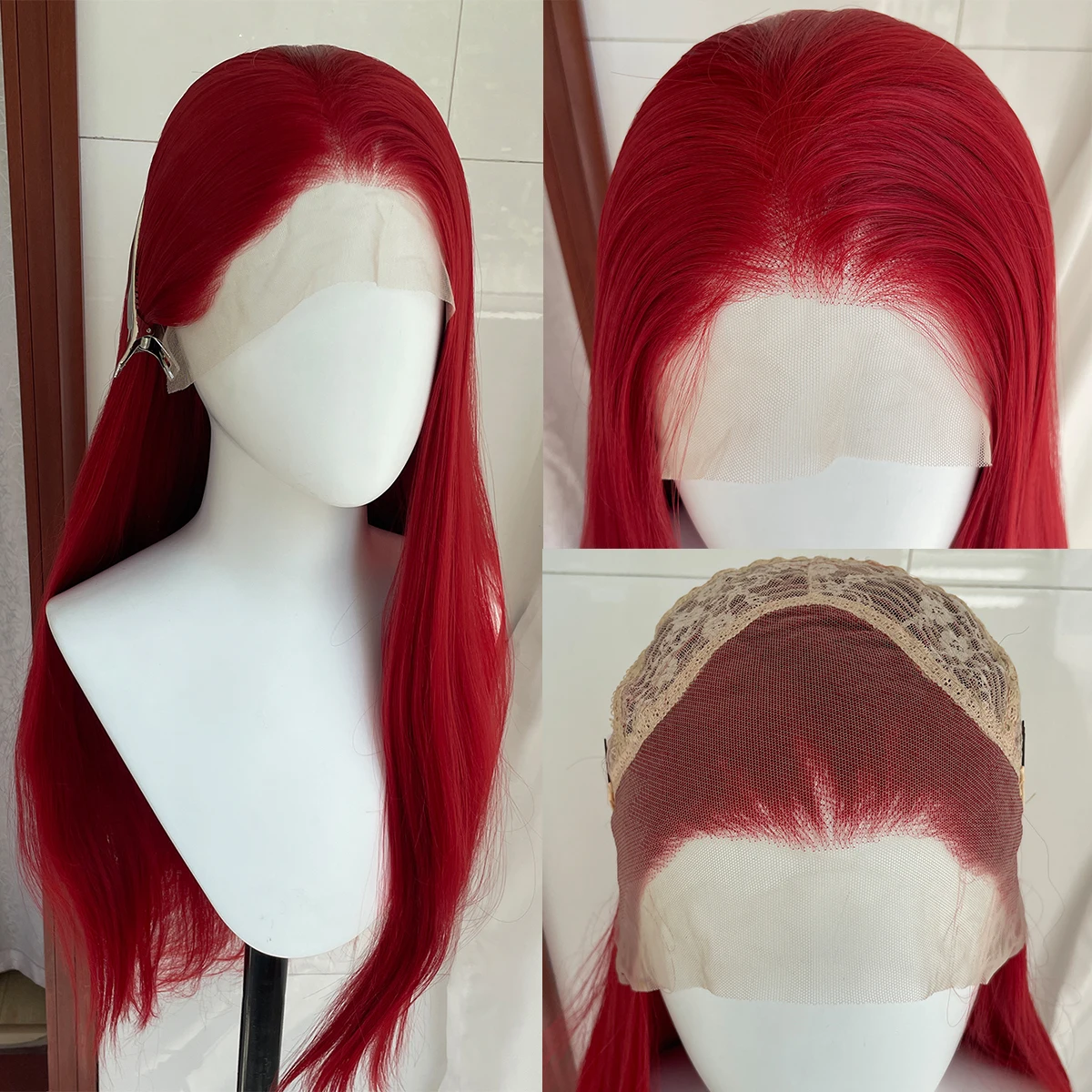 Hellrote 13x4 synthetische Lace-Front-Perücken für Frauen, 66 cm lange, gerade synthetische Perücken, Halloween-Cosplay-Perücken, 150 % Dichte