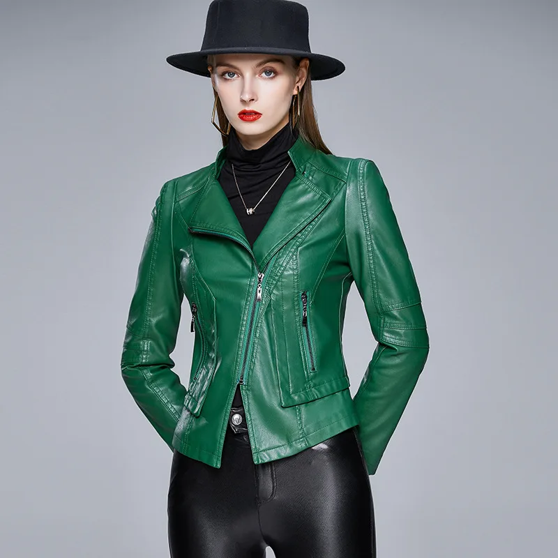 Slim Fit PU Leather Short Coat Stand Collar Ladies Zipper Motor Biker Outerwear Spring Autumn Leather Jacket Women Leather