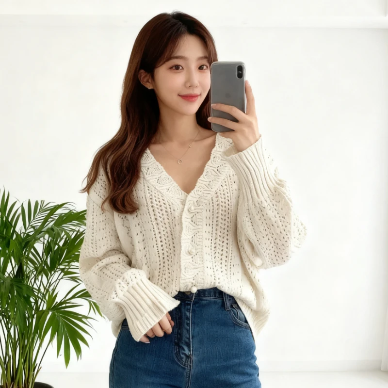 

NEW Chic Women Loose Sweet Cardigans Knitwear Winter V-neck Long Sleeve Knitted Hollow Sweater Casual Elegant Autumn Jacket