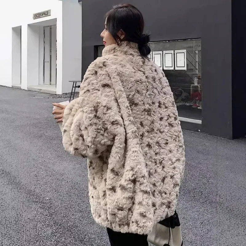 Cross-border New Leopard Print Brush Fur Fur Coat Autumn and Winter Women\'s Imitation Rabbit Hair Spots Loose Plush Clothes