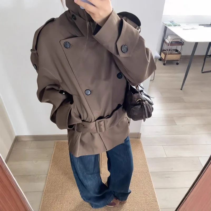 

Belted Waist Cropped Trench Jackets Women Double Breasted Stand Collar Coats Spring Autumn Chic Casual Vintage Jacket Women Top
