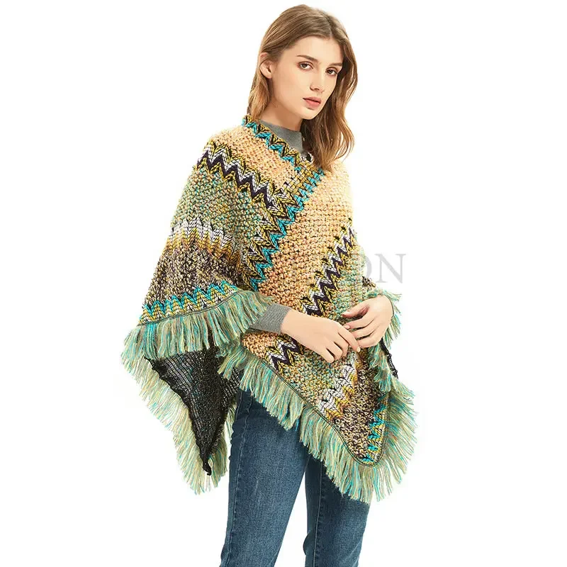 Women Winter Cloak Soft Knitted Stripe Tassel Cardigan Capes Shawl Coat Ponchos Female Ethnic Cape Poncho Cloak Dropship