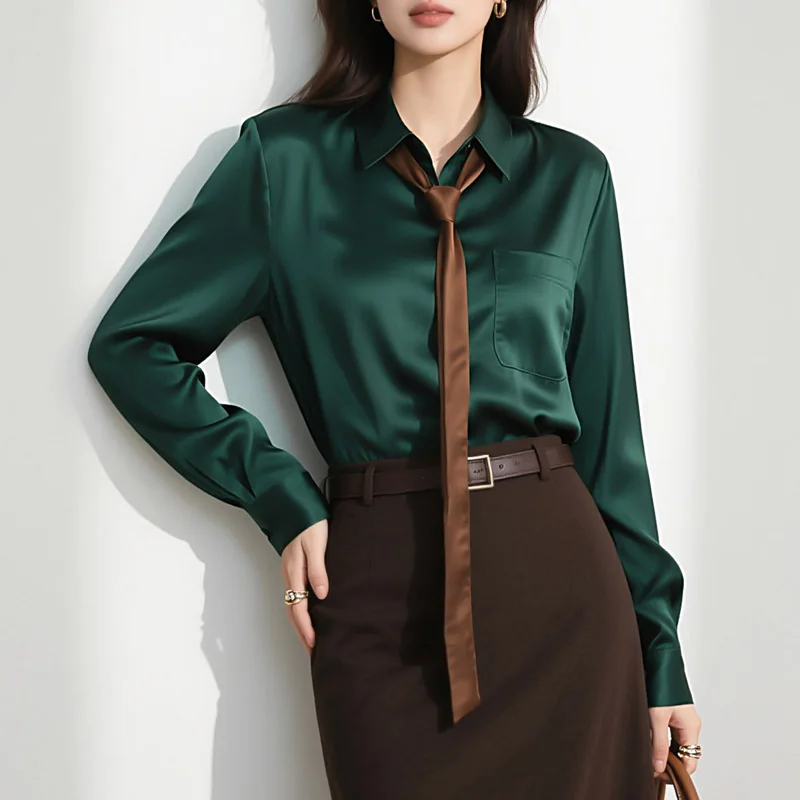Spring Autumn Elegant Satin Women's Blouse 2025 New One Pocket French Style Single Breasted Casual Loose Office Shirts Female