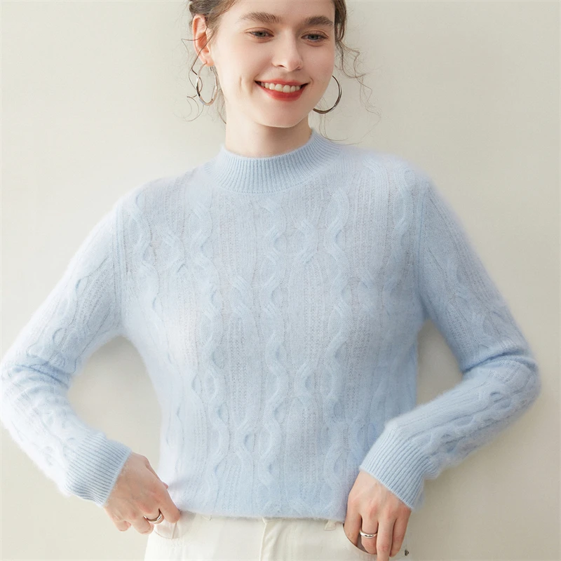 100% Cashmere Sweater Women Mock Neck Thick Pullover Autumn Winter Twist Flower Knitwear Soft Graceful Cashmere Clothing Tops